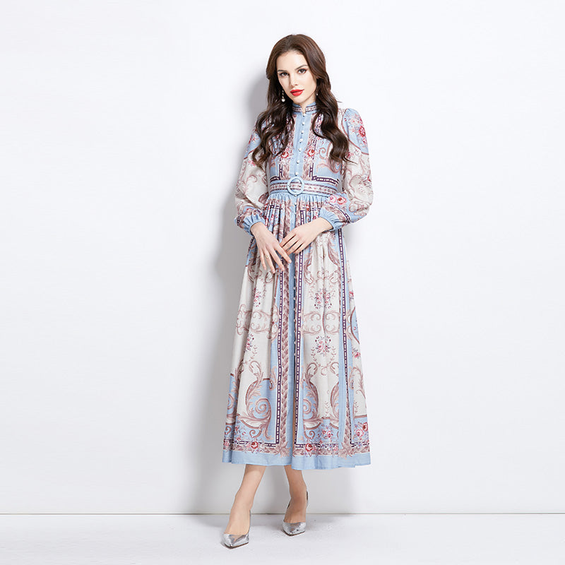 Original design: Spring/summer new court-style pattern stand-up collar long dress