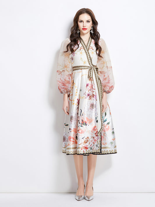 Original design for spring and summer V-neck ethnic style printed satin wrapped long length dress