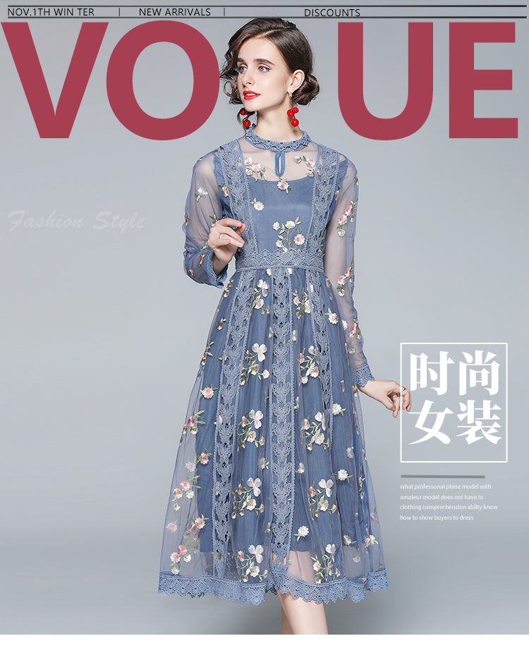 Original Design Heavy Industry Fine Embroidery Mesh French Long Style Super Fairy Sweet Dress