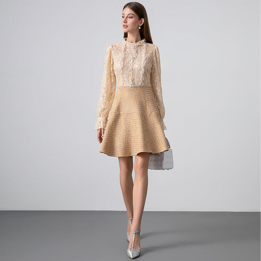 Original design - spring and summer real shot art boutique lace stitching tweed temperament fake 2 pieces of small fragrance beaded dress