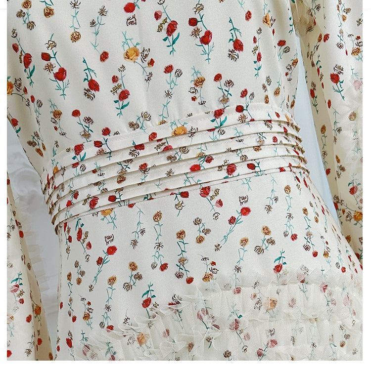 Original Design Heavy Industry Boutique Printed Splicing Mesh Wooden Ear French Palace Style Dress