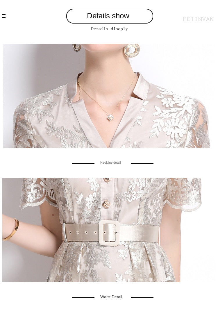 Original design mesh embroidered long dress with pockets, V-neck slim fit dress and belt