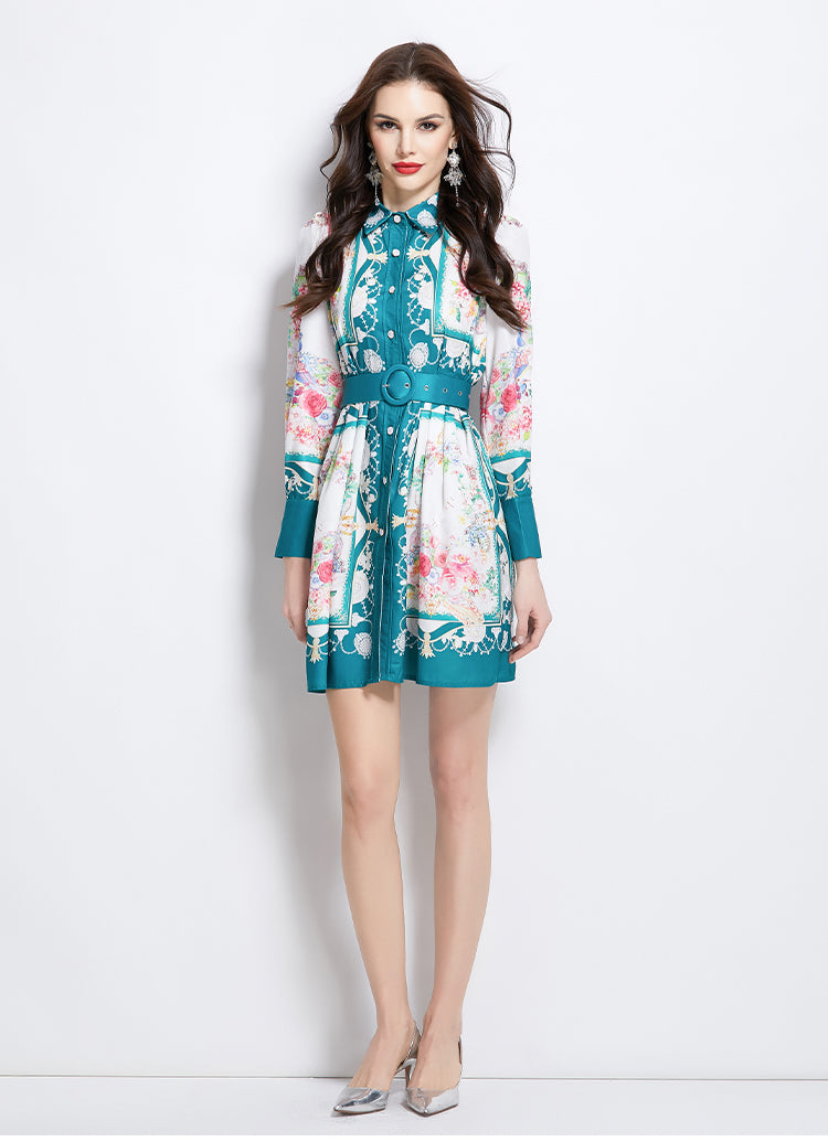 Original Design Spring/Summer/Autumn Vacation Retro Oil Painting Printed Collar Short Dress