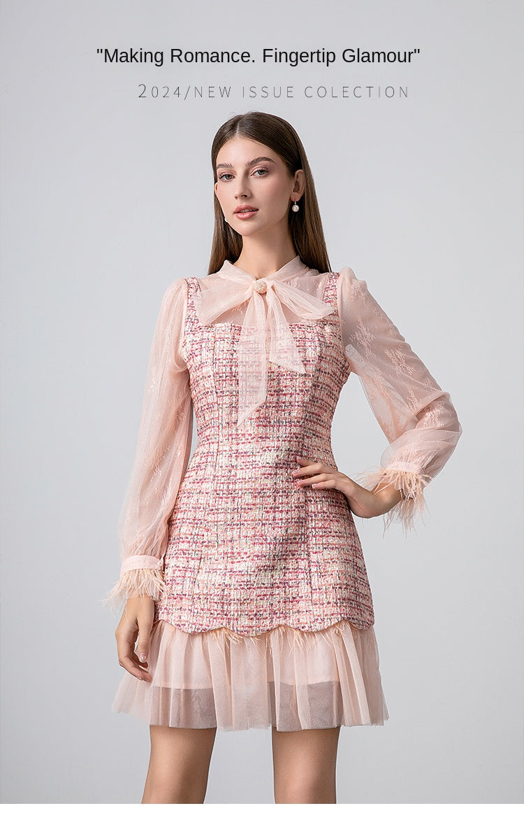 Original design lace patchwork colorful coarse tweed small fragrance style big bow ostrich fur dress