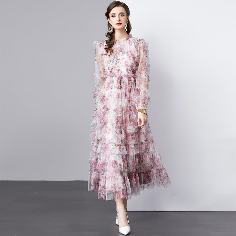 Original design graphic women's French purple and red flower print elegant temperament dress
