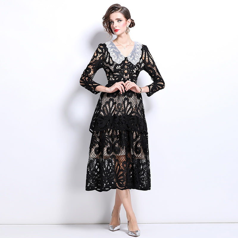 Original Design: Spring and Summer High End Water soluble Embroidered Medium length Skirt with V-neck and Waist cinching to Look Thin Dress