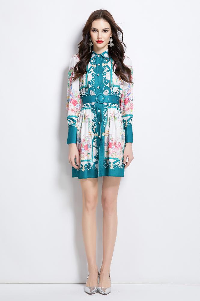 Original Design Spring/Summer/Autumn Vacation Retro Oil Painting Printed Collar Short Dress