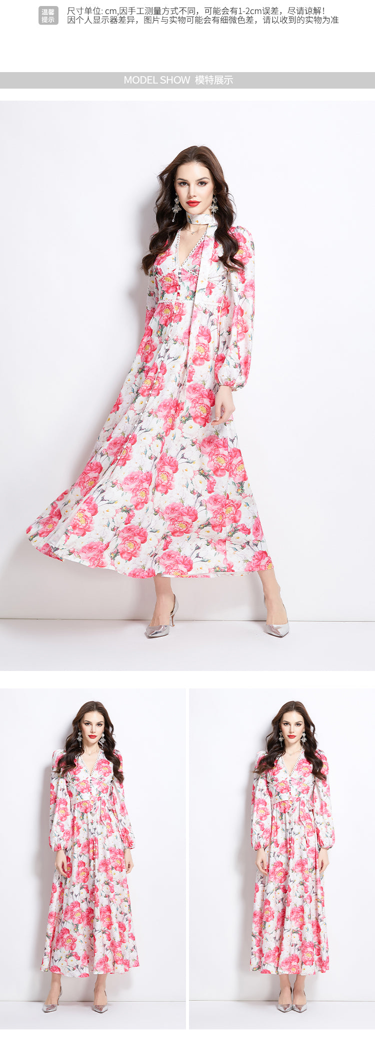 Original Design Spring/Summer Watercolor Flower Long Sleeve Retro Long Dress