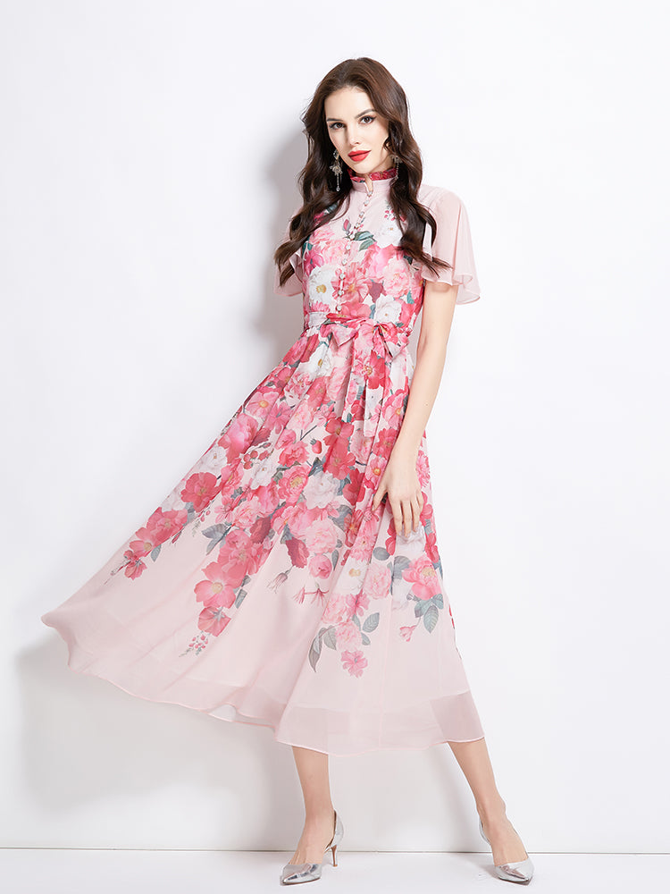 Original design for spring and summer small flying sleeves, ruffled edges, floral patterns, colorful waist cinched stand up collar dress