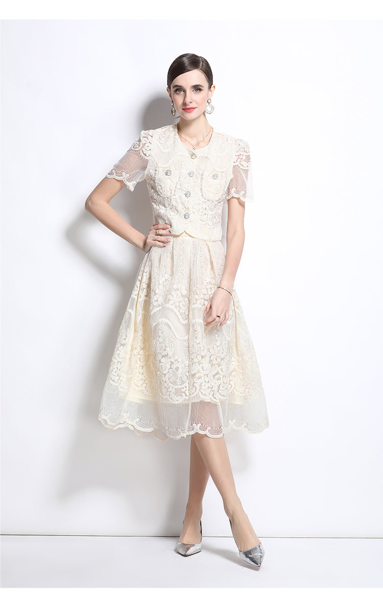 Original design for spring and summer small fragrance style set light luxury and high-end water-soluble lace skirt two-piece set
