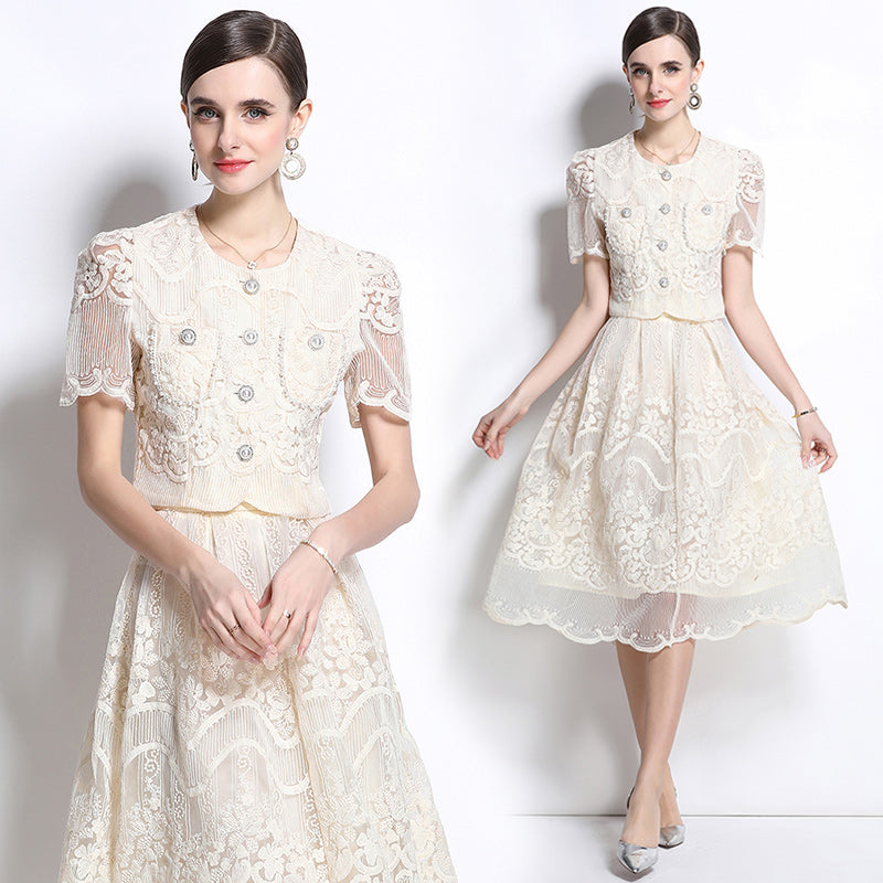 Original design for spring and summer small fragrance style set light luxury and high-end water-soluble lace skirt two-piece set