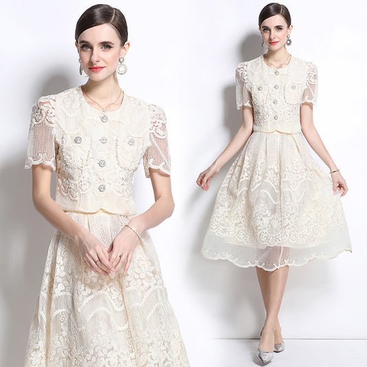 Original design for spring and summer small fragrance style set light luxury and high-end water-soluble lace skirt two-piece set
