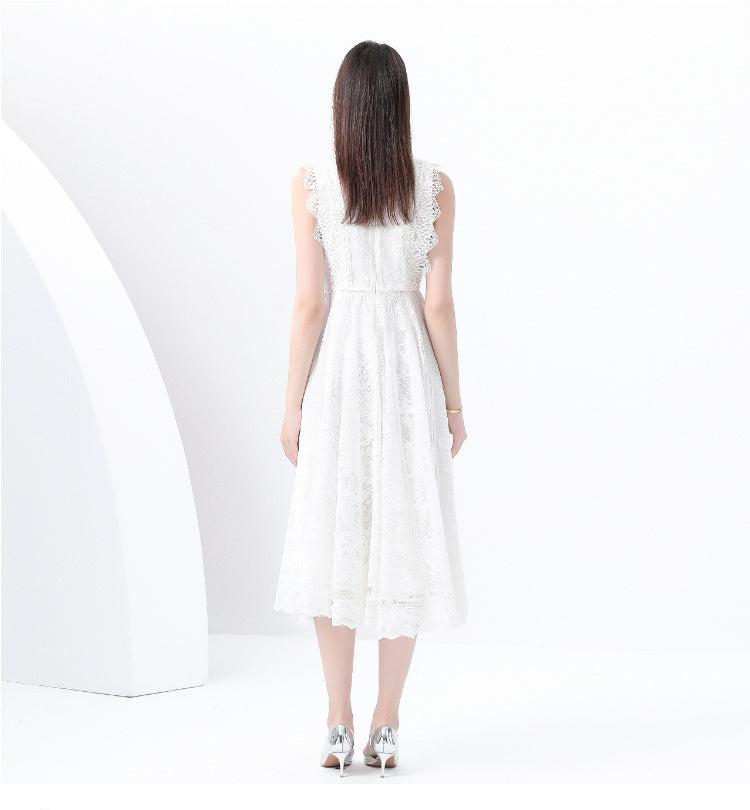 Original design: Spring, Summer, Autumn, Vacation, round neck, smocked style, lace, sleeveless, lace, long vintage dress