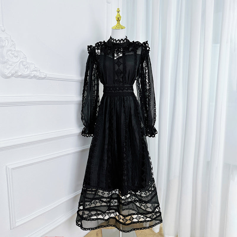 Art cut-out embroidered solid color French maxi skirt waist temperament women's dress