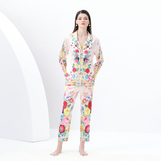 original design Spring/Summer casual trim pyjama suit set with a suit collar and long sleeves and trousers print two-piece set