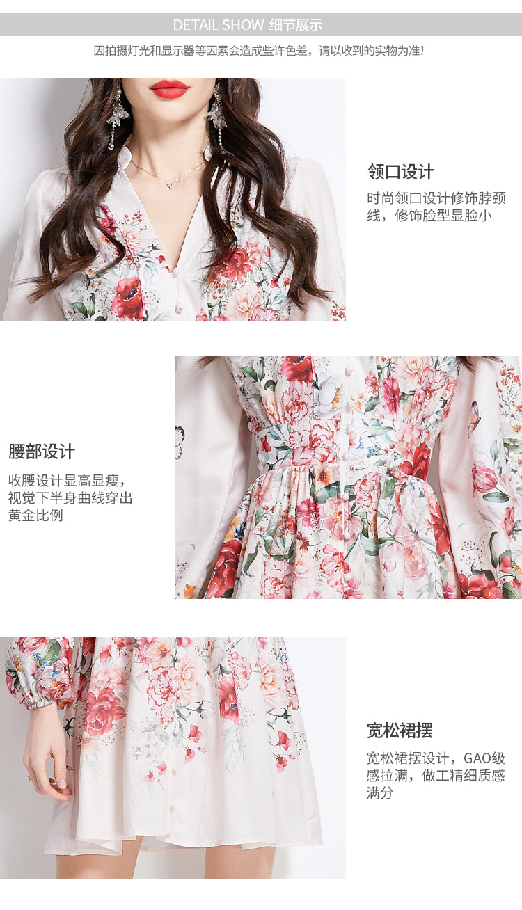 Original Design Spring/Summer/Autumn Vacation Retro Oil Painting Printed Collar Short Dress