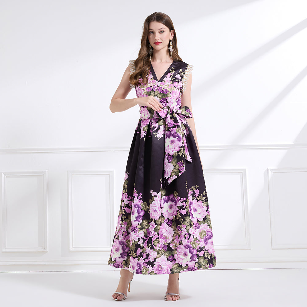 Original design - spring, summer and autumn fake wind, small flying sleeves, flower fairy print, seaside waist ruffle tie long skirt
