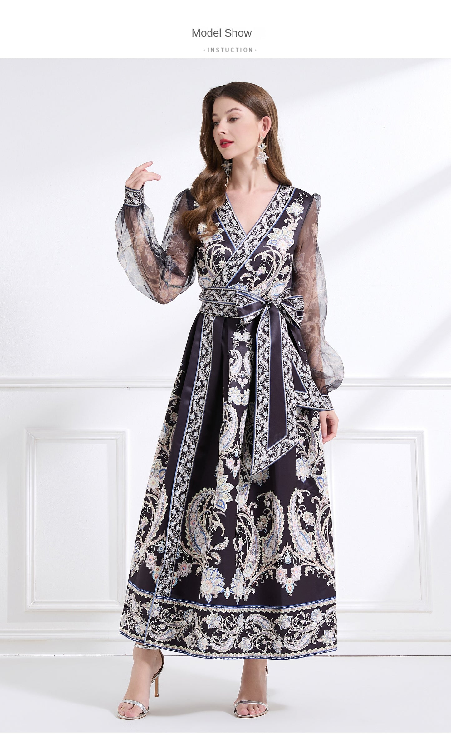 Original design - spring/summer resort-style lace-up wrap skirt, balloon sleeves, cross collar print, wide hem ruffle skirt