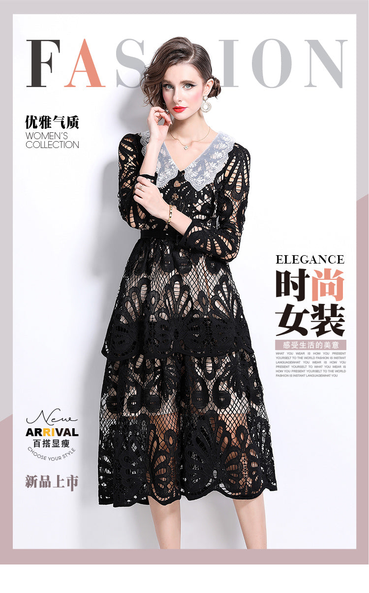 Original Design: Spring and Summer High End Water soluble Embroidered Medium length Skirt with V-neck and Waist cinching to Look Thin Dress