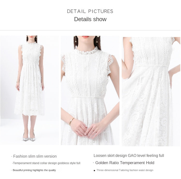 Original design: Spring, Summer, Autumn, Vacation, round neck, smocked style, lace, sleeveless, lace, long vintage dress