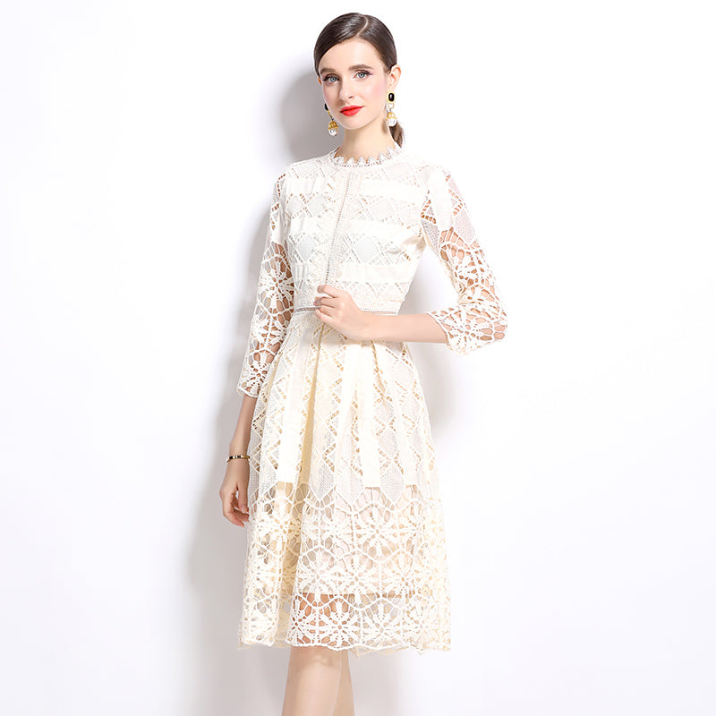 Original design mid long sleeved slimming hollow out water-soluble lace positioning printed mid length dress for spring, summer, autumn vacation