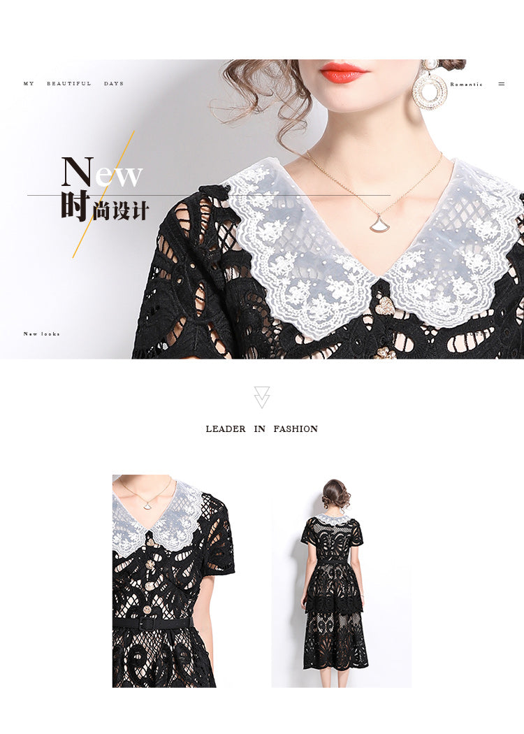 Original Design: Spring and Summer High End Water soluble Embroidered Medium length Skirt with V-neck and Waist cinching to Look Thin Dress