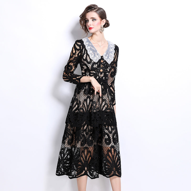 Original Design: Spring and Summer High End Water soluble Embroidered Medium length Skirt with V-neck and Waist cinching to Look Thin Dress