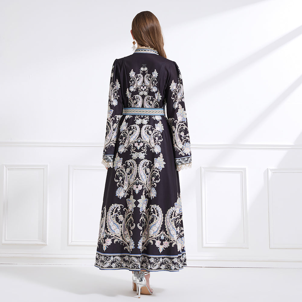 Original design - a court-style retro stand-up collar lace print tunic with a large hem waist