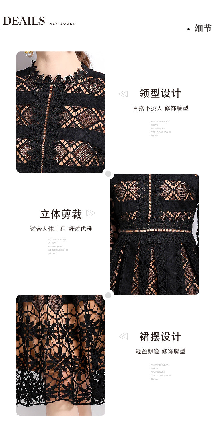Original design mid long sleeved slimming hollow out water-soluble lace positioning printed mid length dress for spring, summer, autumn vacation