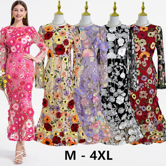Fine art boutique color embroidery handmade three-dimensional flower slim mermaid skirt temperament women's dress