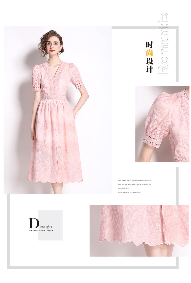 Original Design: Spring/Summer Embroidered V-neck Dress with Lace and Lace Charm Slimming Skirt