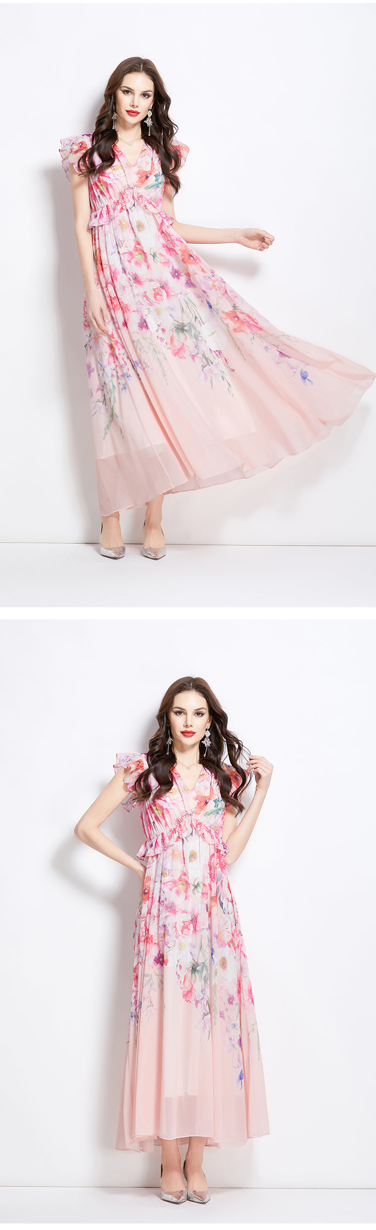 Original Design Spring/Summer Retro Flower Little Fly Sleeve Long Dress