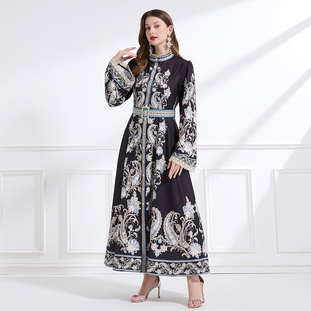 Original design - a court-style retro stand-up collar lace print tunic with a large hem waist