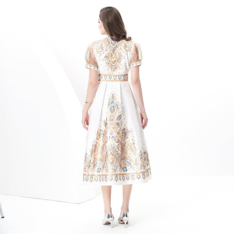Spring/summer wrap tie style V-neck balloon sleeve long vintage print dress
