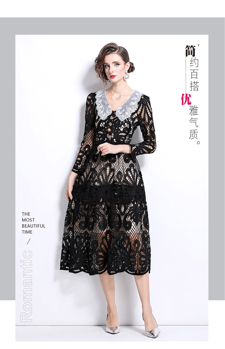 Original Design: Spring and Summer High End Water soluble Embroidered Medium length Skirt with V-neck and Waist cinching to Look Thin Dress