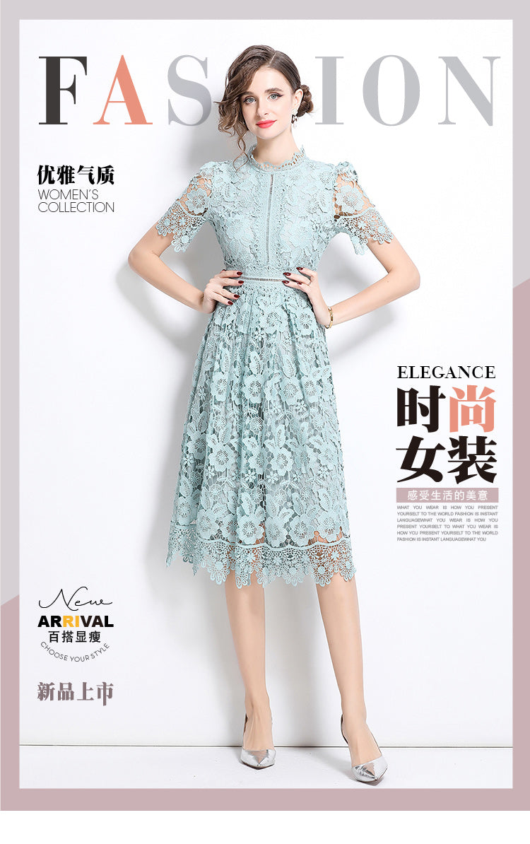 Original design short sleeved slimming hollow out water-soluble lace positioning mid length dress