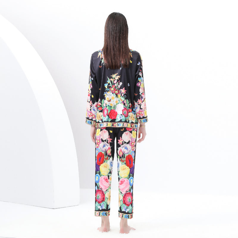 Original design spring/summer-autumn - casual trim pajama suit set with a suit collar long sleeves trousers print 2-piece set