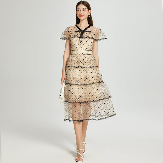 Artwork boutique embroidered flocking polka dot wave shawl cake vintage dress