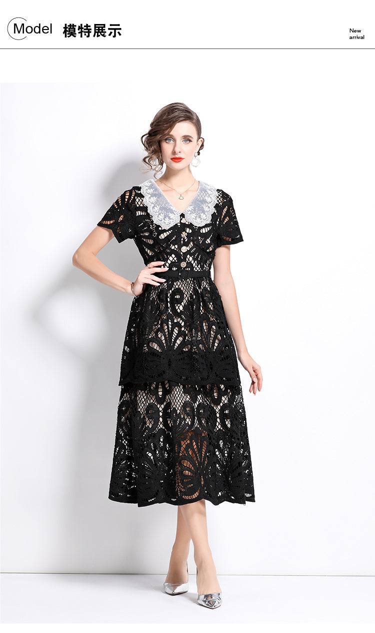 Original Design: Spring and Summer High End Water soluble Embroidered Medium length Skirt with V-neck and Waist cinching to Look Thin Dress