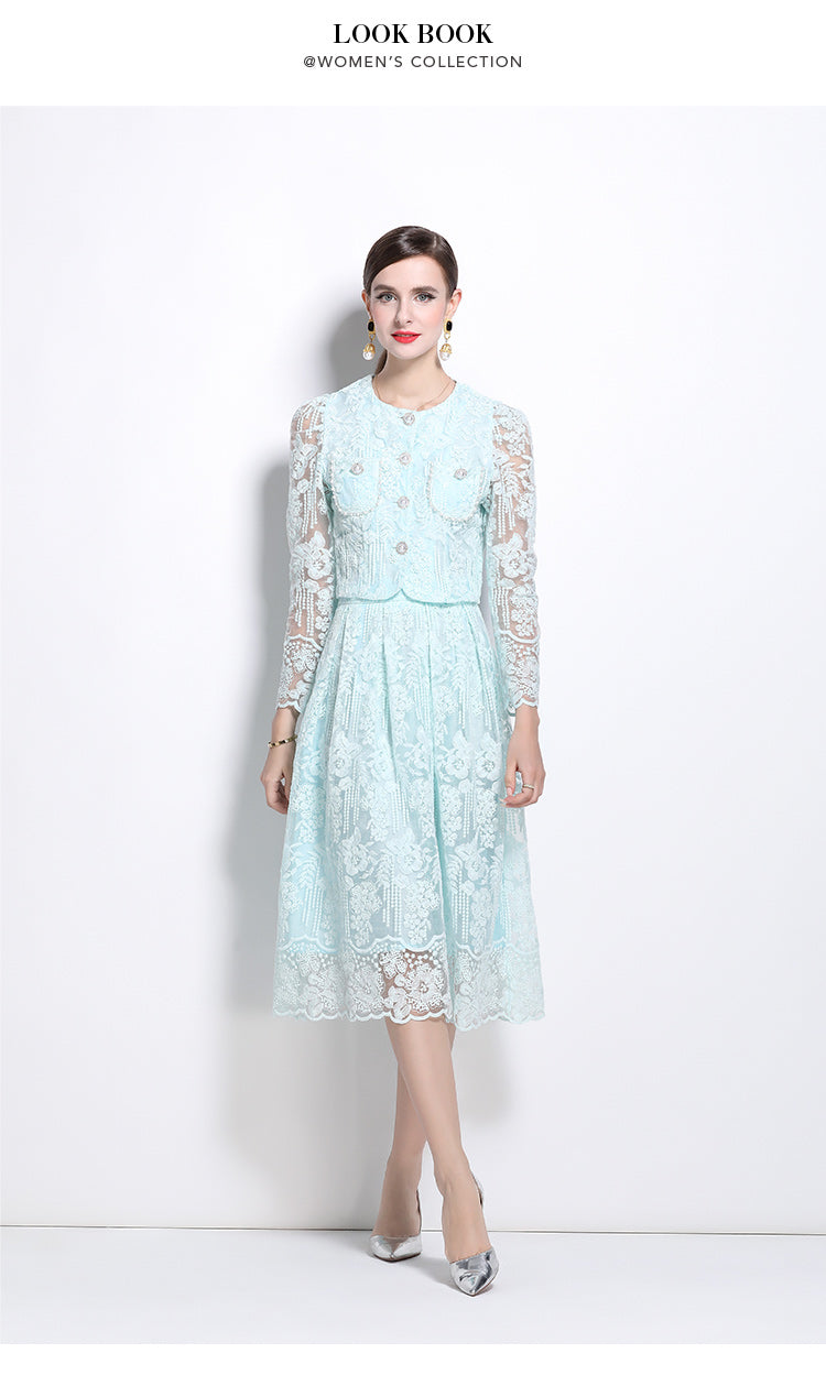 Original design for spring and summer long sleeved small fragrance style set light luxury temperament water-soluble lace skirt two-piece set