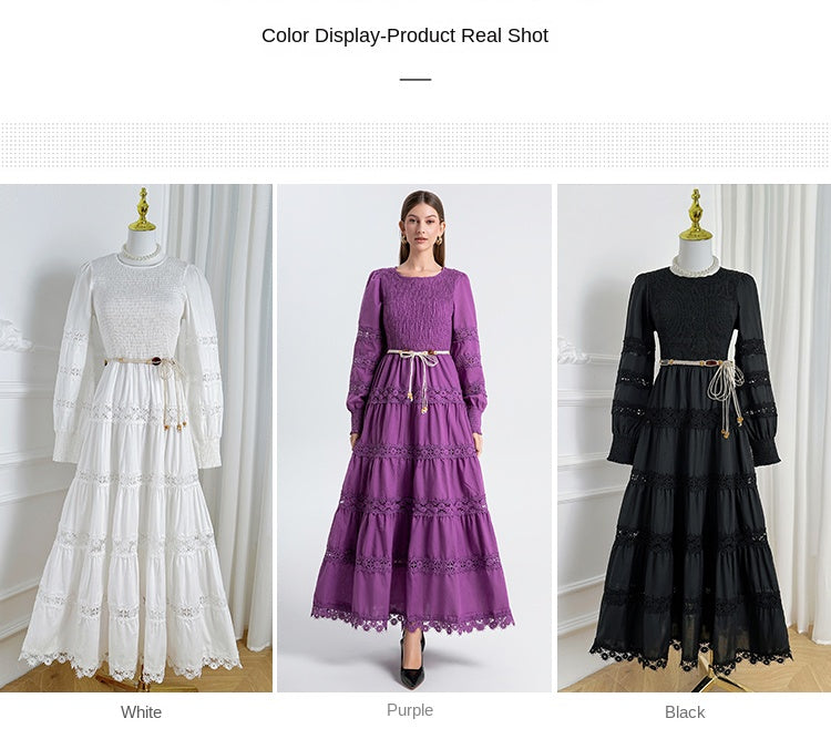 The French vintage maxi skirt is cut-out and laced in a solid color, cinching the waist and showing a slim round neck, lace panels