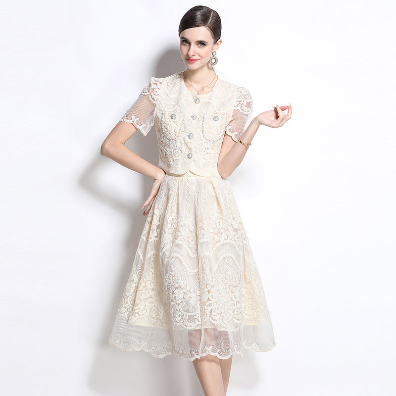 Original design for spring and summer small fragrance style set light luxury and high-end water-soluble lace skirt two-piece set