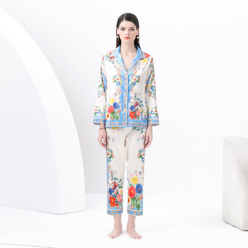 Original design spring/summer-autumn - casual trim pajama suit set with a suit collar long sleeves trousers print 2-piece set