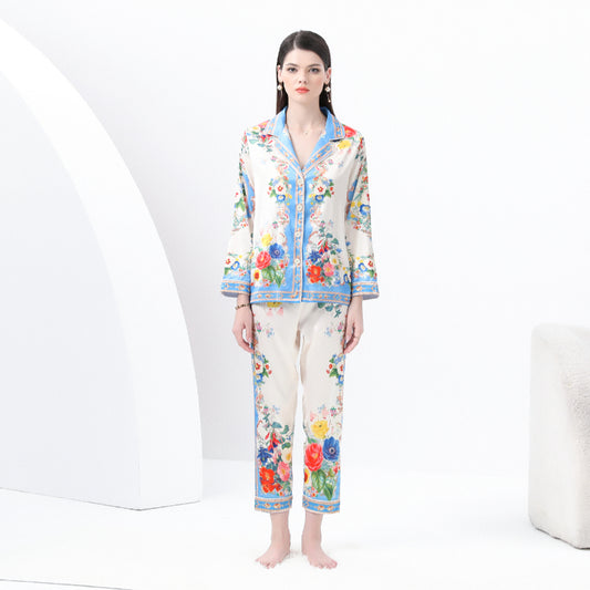 Original design spring/summer-autumn - casual trim pajama suit set with a suit collar long sleeves trousers print 2-piece set