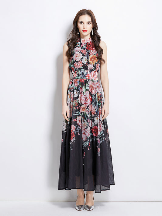 Original Design Spring/Summer Vacation New Oil Painting Flower Printed Hanging Neck Long Dress