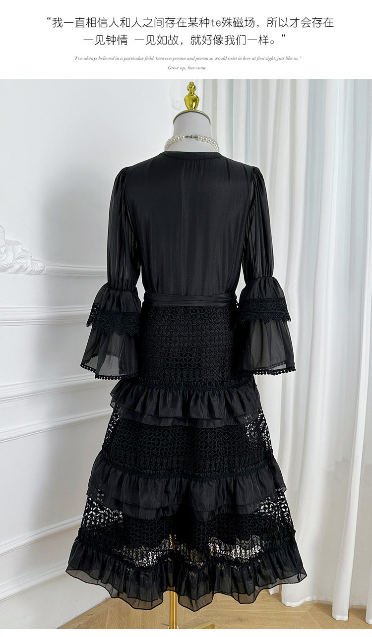 Original design French retro court style hollowed out lace patchwork wood ear trumpet sleeves cinched waist jumpsuit