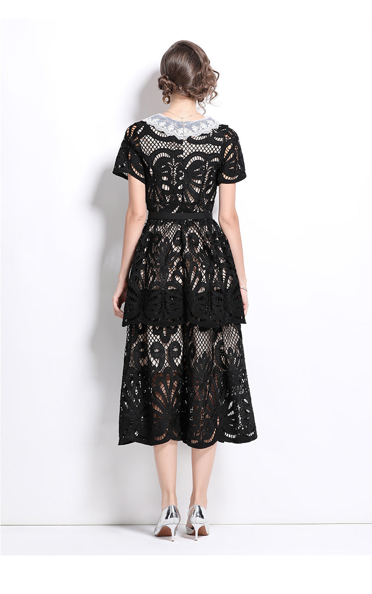 Original Design: Spring and Summer High End Water soluble Embroidered Medium length Skirt with V-neck and Waist cinching to Look Thin Dress