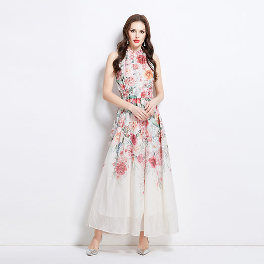 Original Design Spring/Summer Vacation New Oil Painting Flower Printed Hanging Neck Long Dress