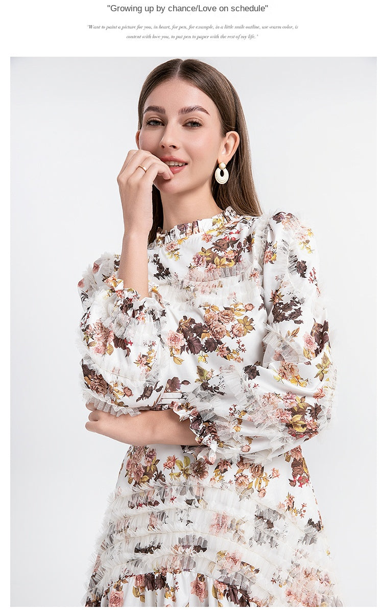 Artwork boutique print patchwork mesh fungus trimmed French court-style women's dress