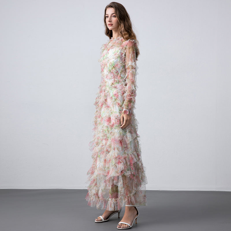 Original design boutique heavy industry romantic fairy temperament printed fungus edge French dress